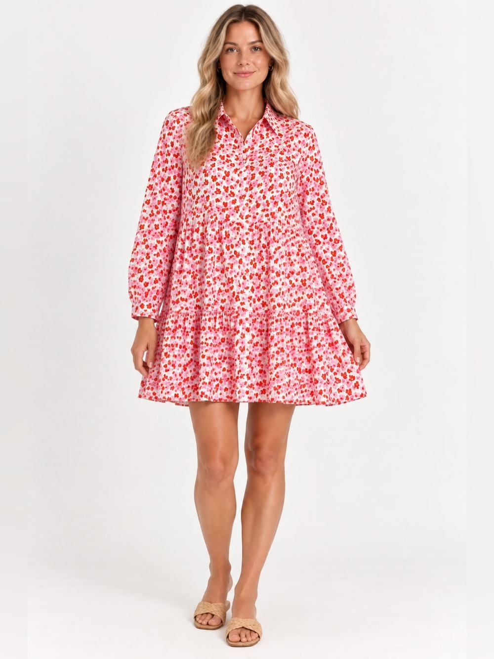 Hyacinth House Red Punk Floral Mini Dress Button Front Tiered Collared | L